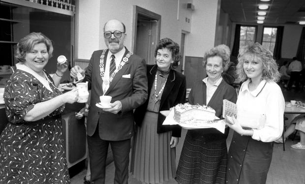 Border Counties Advertizer: Oswestry Town Mayor J.J. Pritchard enjoys at tea party at the Memorial Hall, Oswestry, in 1988.